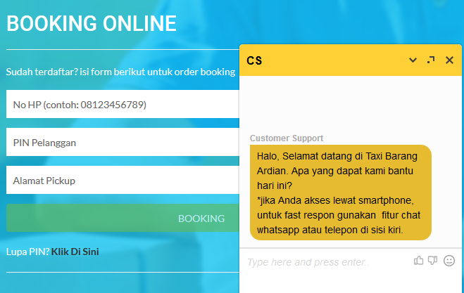Booking dan Chat Online di Web Taxi Barang